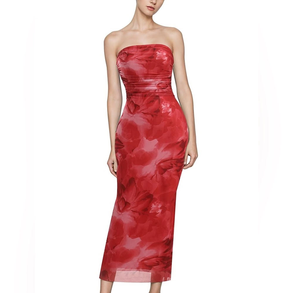 Amazon Strapless Side Slit Ruched Floral Beach Bodycon CocktailMaxi Dress size L